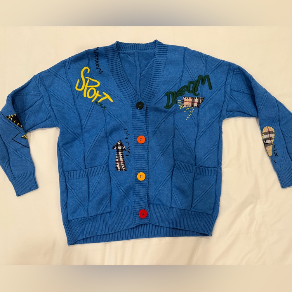 Blue Cardigan with Colorful Buttons